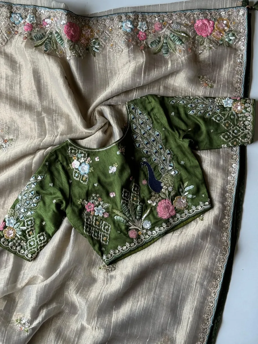 Premium Banarasi Crush Tissue Saree with Peacock Coding & Multicolour Sequin Work Saree